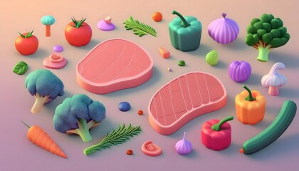 Wall Mural - 3D render of meat, vegetables, bell peppers, tomatoes, onions, garlic and herbs in cute low polygon shapes in pastel colors.