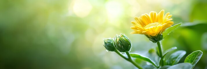  A detailed shot of a yellow bloom against softly blurred leafy background and sunlit surroundings