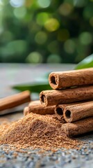  A pile of cinnamon sticks on the table, adjacent to a pile of cinnamon