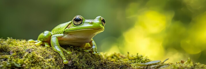 Wall Mural -  A green frog perches on a moss-covered tree branch, adorned with lichen and mossy leaves