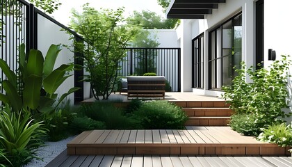 Canvas Print - Contemporary courtyard garden with white walls and black metal fence, lush green plants, wooden deck steps, providing a relaxing space for leisure activities.