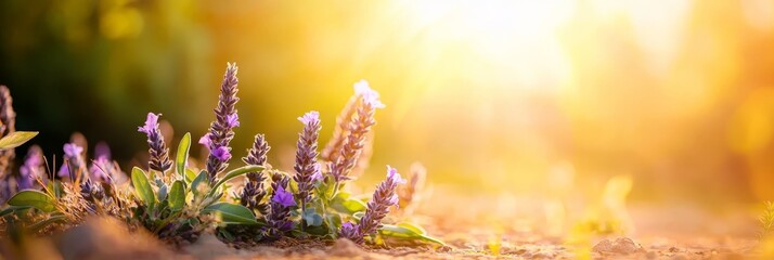 Wall Mural -  A tight shot of numerous blooms in a field, sun illuminating behind nearby trees