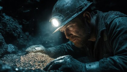 A focused miner studies precious materials under a headlamp in a dark, gritty coal mine, showcasing the dedication of mining work.