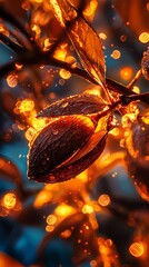 Canvas Print -  A tight shot of a tree branch's leaf, adorned with water droplets, against a backdrop of a clear, blue sky