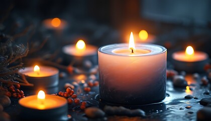 A warm candle shines softly in the darkness, and the surrounding environment is peaceful and mysterious, creating a warm atmosphere.