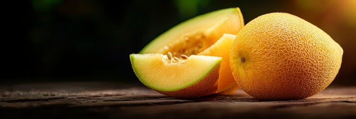 Wall Mural -  A tight shot of a halved fruit next to a whole melon in the background