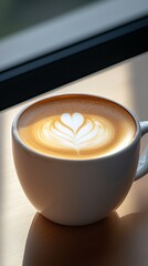 Sticker -  A cup of cappuccino on a table, beside a window in the background