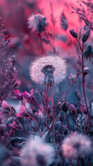 Poster -  A tight shot of a solitary dandelion against a backdrop of a field, adorned with pink and blue wildflowers in the foreground Beyond, a pink-