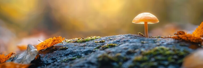  A tiny mushroom atop a rock, in a forest of yellow and green leafy foliage