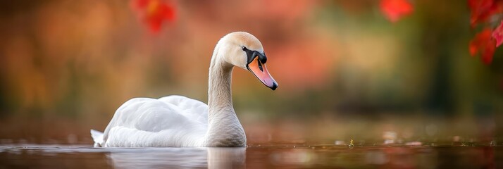  A tight shot of a swan on a water body, surrounded by a tree in the background with leaves as its backdrop