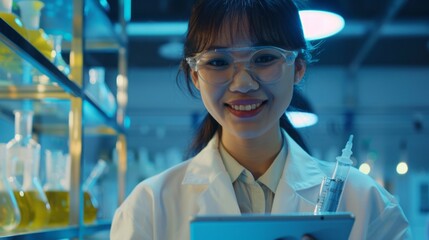Poster - A woman in a lab coat is smiling and holding a tablet