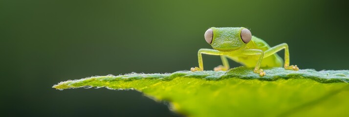 Wall Mural -  A crisp close-up of a green grasshopper atop a textured leaf against a softly blurred, verdant background