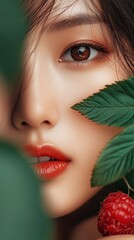 Poster -  A woman's face, closely framed, holds a raspberry in near proximity A green leaf lies adjacent in the foreground