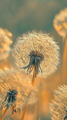 Poster -  A dandelion in sharp focus, foreground Blurred sky above Dandelion seeds scattered, backdrop softly out of focus