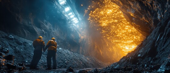 Explorers in a mystical underground cave with glowing orange light illuminating the rocky surroundings, creating a mysterious atmosphere.