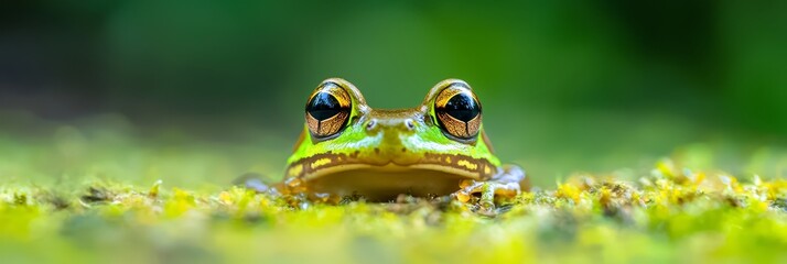 Wall Mural -  A tight shot of a frog's expressive face, with grass in the foreground and trees framing the background