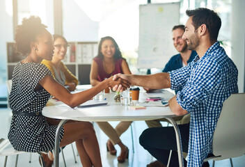 Wall Mural - Shaking hands, diversity and business people for collaboration success, respect or office welcome. Handshake, agreement and creative cooperation for partnership contract, teamwork or congratulations