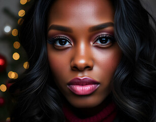 Canvas Print - Close-up of an African woman looking at the camera celebrating Christmas, Model, Christmas background, Christmas tree and lights in the background, Night time