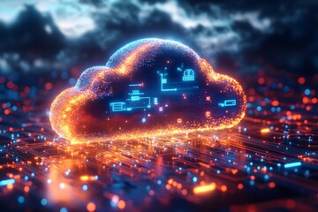 vector illustration of a blue color 3d cloud is connected with digital neon circuit lines. cloud computing, technology, remote servers, cloud hosting