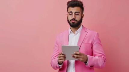 Poster - A man in a pink suit is holding a tablet in his hand