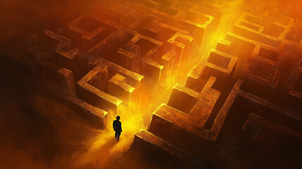 Wall Mural - Solitary Man in Burnt Labyrinth at Sunset, Digital Art Illustration of Destroyed Maze, Apocalyptic Theme, Symbolizing Perseverance and Desolation