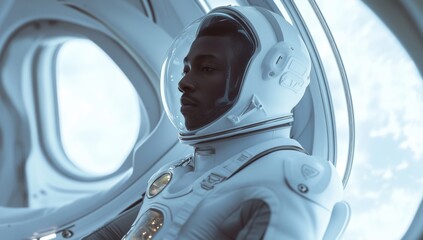 Wall Mural - close-up photo of astronaut black man in space suit, inside the interior of futuristic white spaceship with large windows  