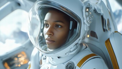 Wall Mural - close-up of astronaut black woman in space suit, inside the interior of futuristic white spaceship with large windows  
