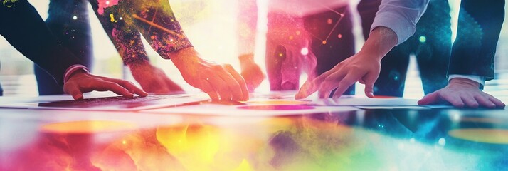 Wall Mural - Close up of hands reaching for a document on a table with a colorful background.