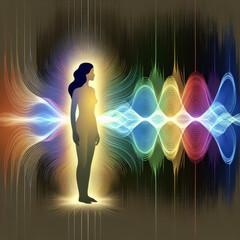 Silhouette of woman surrounded by colorful energy waves on a dark gradient background. Digital art illustration of human aura and energy flow. Spiritual and mindfulness concept for design and print