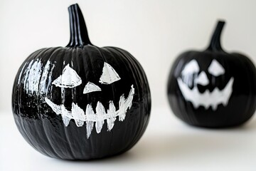 closeup black halloween pumpkin with painted face on white background