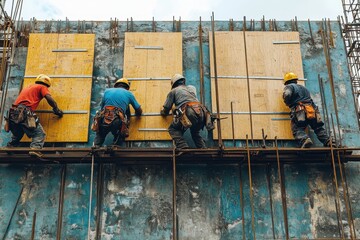 Construction workers installing wooden panels on a building structure, showcasing teamwork and labor in progress.