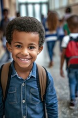 Canvas Print - A young boy smiles for the camera while wearing a backpack. AI.