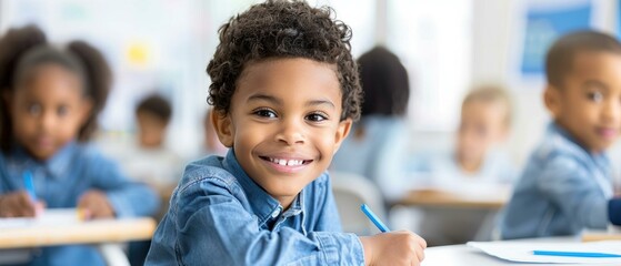 Canvas Print - A young boy smiles while working on an activity in his classroom. AI.