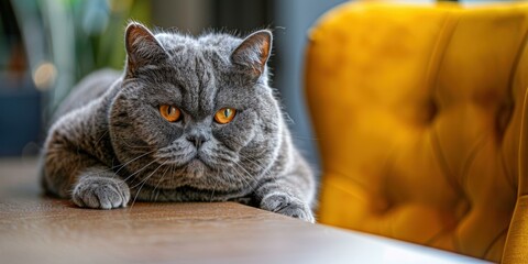 Poster - A gray cat with orange eyes sits on a table and stares intensely at the camera. AI.