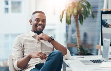 Poster - Smile, desk and portrait of black man at digital agency, office or creative developer with confidence. Happy, website designer or consultant at tech startup with laptop, computer and online career