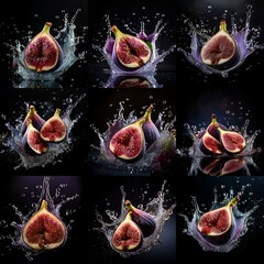 Aufkleber - Multiple halved figs splash into water creating a symmetrical water explosion against a black background.