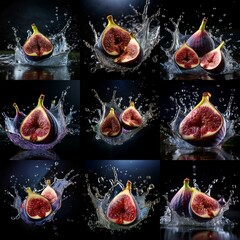 Aufkleber - A collage of nine images showing figs falling into water, creating dramatic splashes.