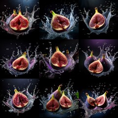 Aufkleber - A collage of nine images features halved figs splashing in water, creating a dynamic and artistic visual.