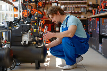 Young workman in overalls choosing pneumatic compressor at hardware store