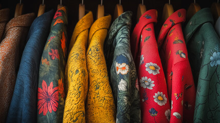 A row of colorful jackets with floral designs hanging on a rack. The jackets are of various colors and patterns, creating a vibrant and lively atmosphere