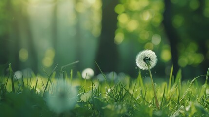 Aufkleber - A dandelion is the main focus of the image, which is set in a lush green field
