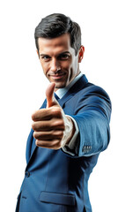 Sticker - Confident businessman holding a 3D thumbs up in blue color