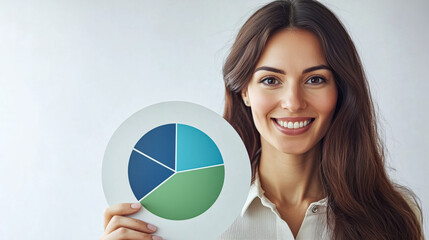 Wall Mural - Confident female CEO showing a 3D pie chart in blue and green colors