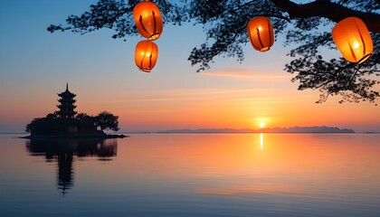 Enchanting sunset reflections on calm waters with glowing lanterns illuminating a tree beside a traditional pagoda on an island