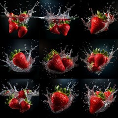 Aufkleber - Multiple strawberries are splashing into water.