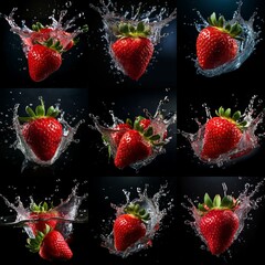 Aufkleber - A collage of images with strawberries splashing into water against a black background.