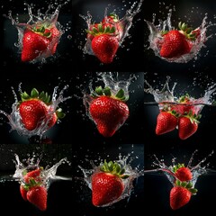 Poster - Collage of strawberries splashing into water, creating dramatic water droplets against a black backdrop.