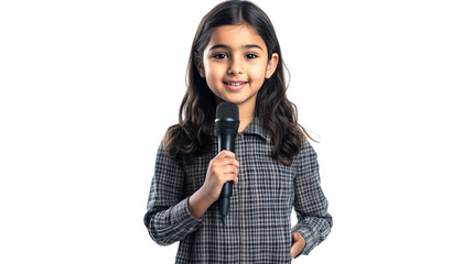 Canvas Print - Indian girl dressed as a journalist holding a microphone