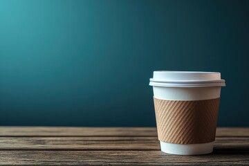 white hot coffee paper cup on wood table with blue plain color background