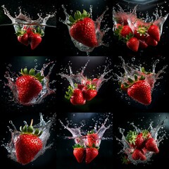 Poster - Water splashes as strawberries fall into a dark pool.